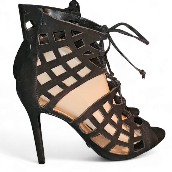 Schutz Laser Cut Cage Gladiator Black Suede Open Toe Stiletto Heel Sz 11 - Picture 4 of 15